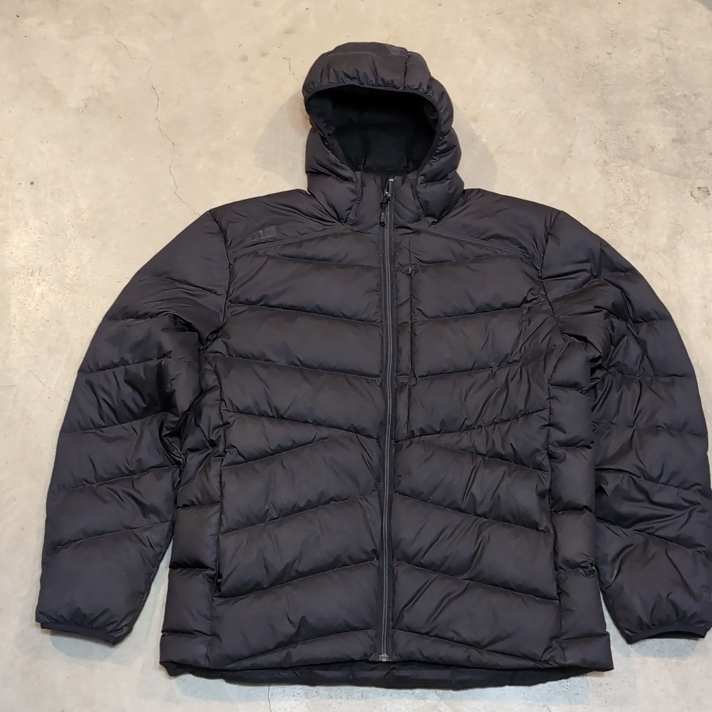 5.11 Acadia Down Jacket 750 Fill Mens 2XL Black Full Zip Hooded Flaws